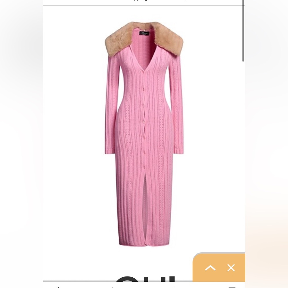 Pink Long Sleeve Knit Dress with Faux Fur Collar